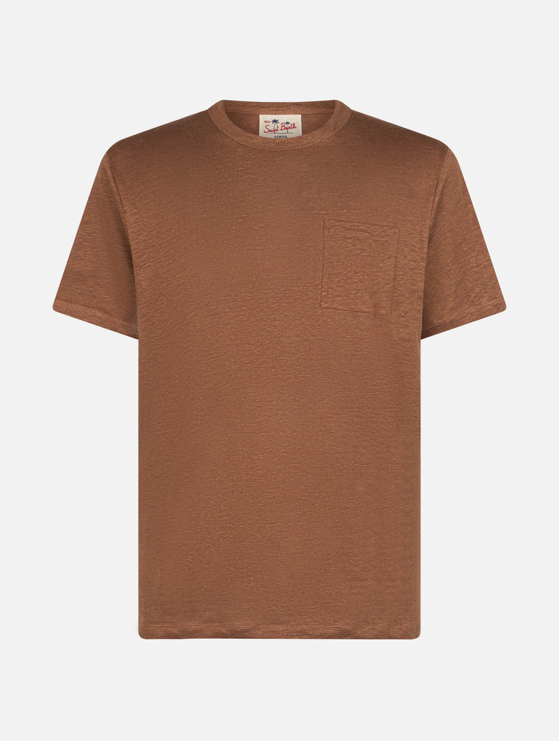 Man brown linen jersey t-shirt Ecstasea with pocket