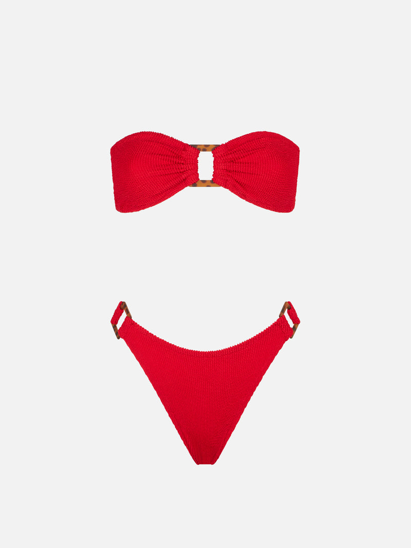 Bandeau red bikini crinkle fabric