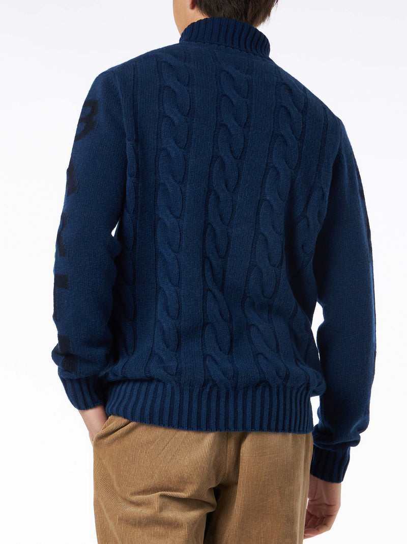 Man black cable knit turtleneck sweater Fisherman