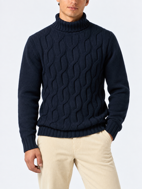 Maglia dolcevita Fisherman blu navy a trecce