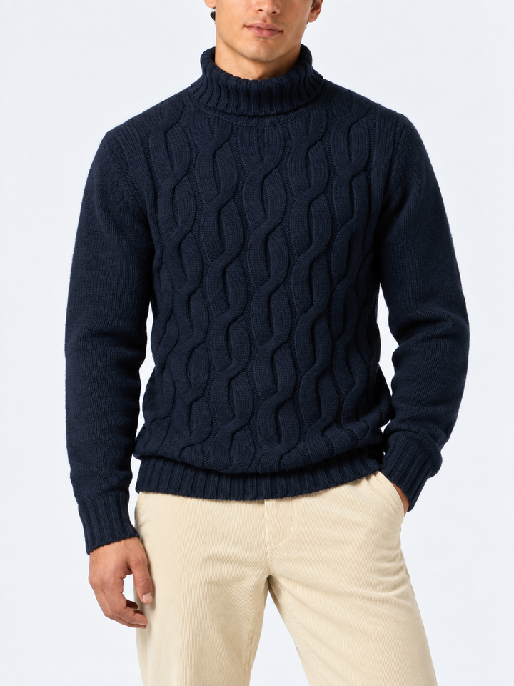 Pull en maille torsadée style pêcheur en mélange de cachemire bleu marine 