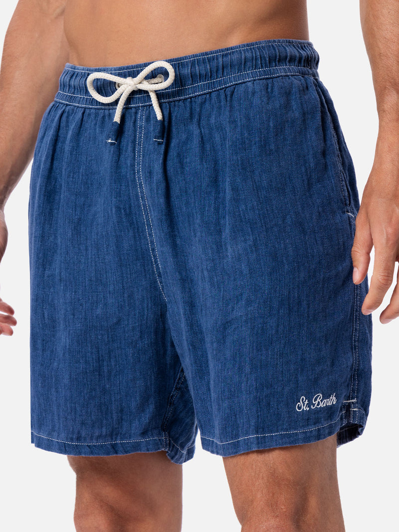 Man mid-length denim blue linen swim-shorts Gustavia