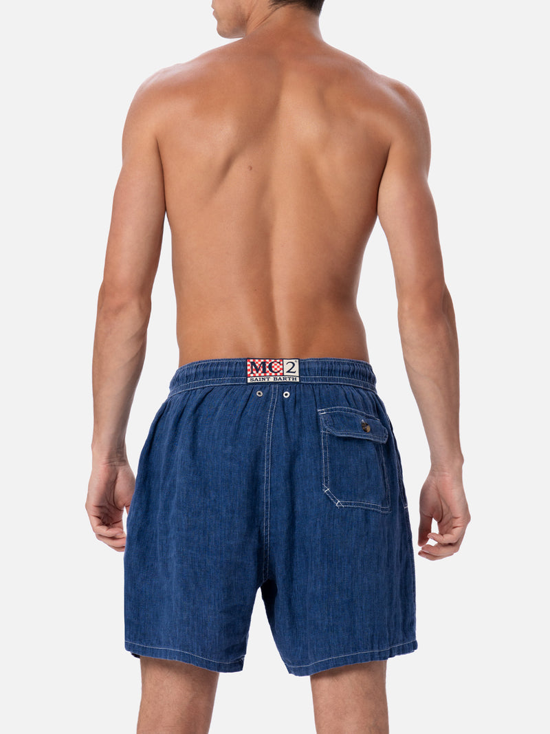 Man mid-length denim blue linen swim-shorts Gustavia