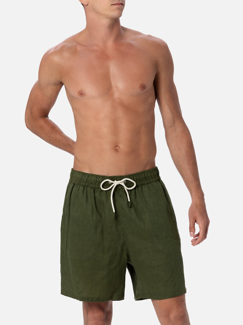 Costume da bagno da uomo di media lunghezza in lino verde militare Gustavia