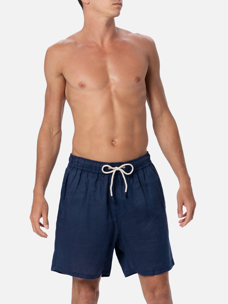 Man mid-length navy blue linen swim-shorts Gustavia