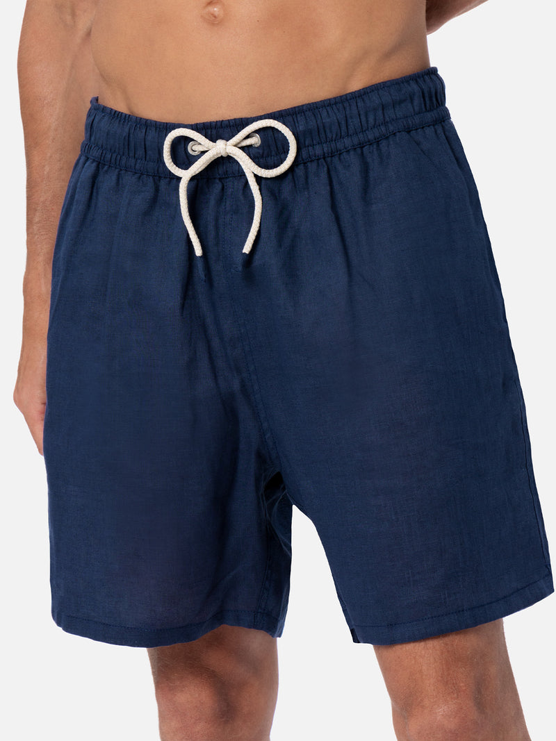 Man mid-length navy blue linen swim-shorts Gustavia