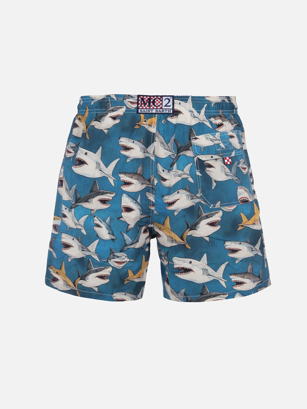 Mittellange Gustavia-Badeshorts für Herren mit Hai-Print | AI CO-CREATED DESIGN BY RICKDICK - POWERED BY RED-EYE