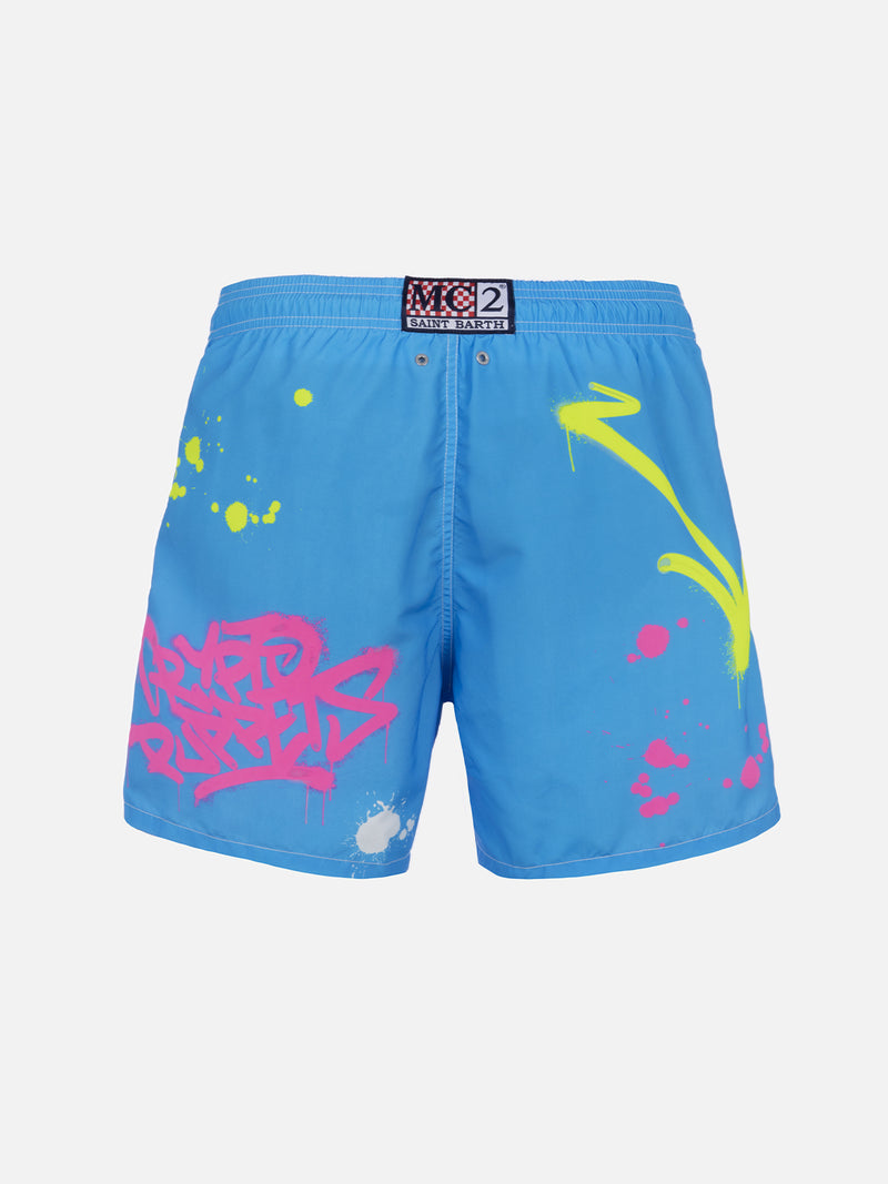 Man mid-length Gustavia swim-shorts with ducky Cryptopuppets placed print| CRYPTOPUPPETS SPECIAL EDITION