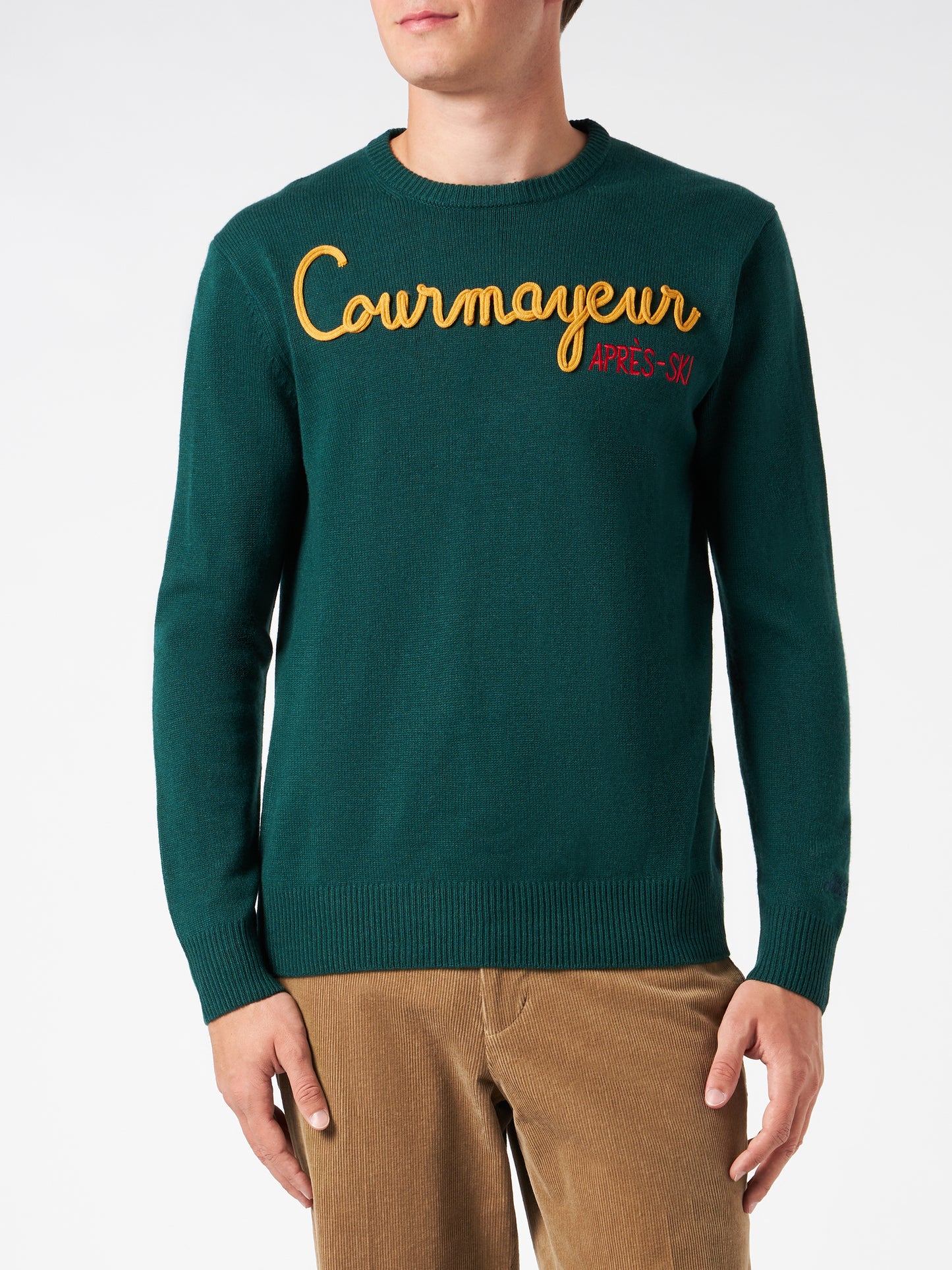 Herrenpullover mit Rundhalsausschnitt und Courmayeur Après Ski-Stickerei
