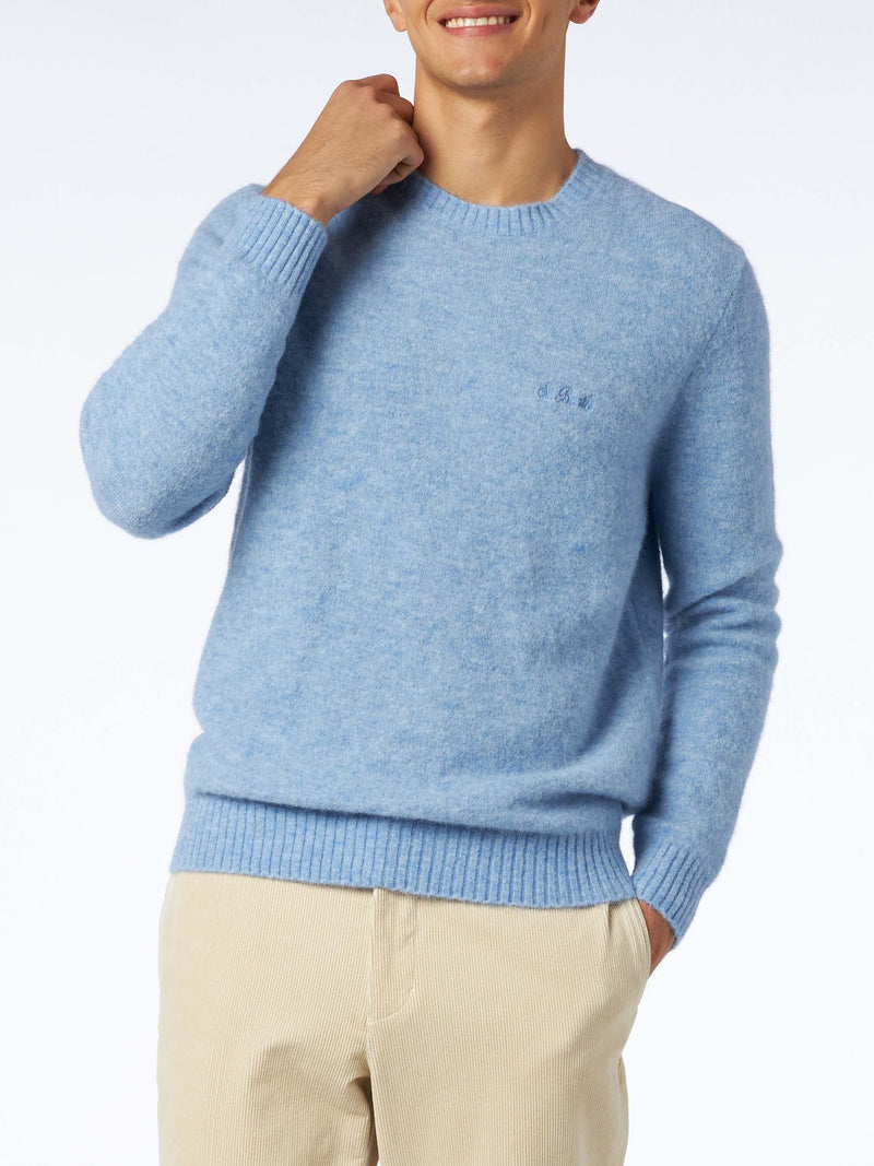 Maglione da uomo in lana stretch di colore azzurro con ricamo St. Barth