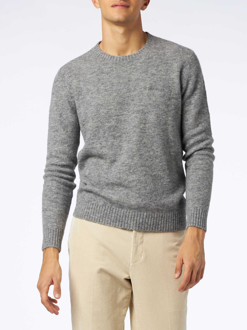 Man grey mélange stretch wool sweater with St. Barth embroidery