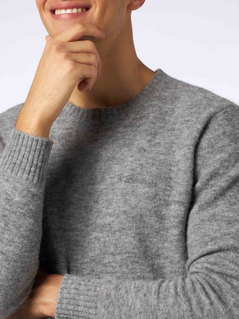 Man grey mélange stretch wool sweater with St. Barth embroidery