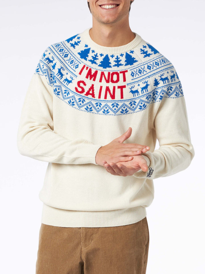 Man sweater with I'm not Saint lettering
