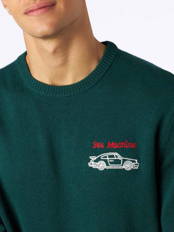 Herrenpullover mit Rundhalsausschnitt und Sex Machine-Stickerei