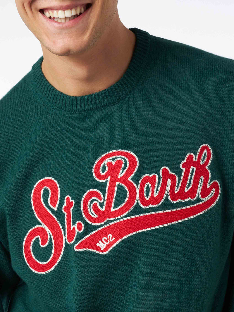 Maglia da uomo girocollo verde con ricamo St. Barth