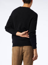 Man black stretch wool sweater with St. Barth embroidery