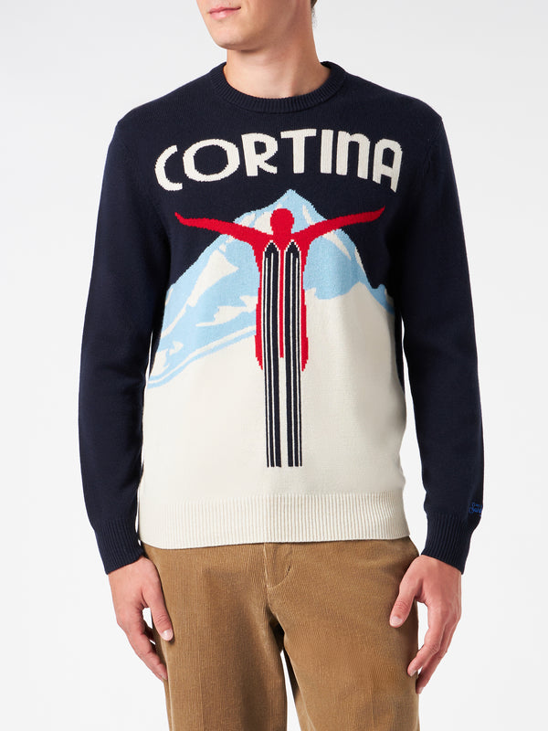 Man crewneck sweater with Cortina postcard jacquard