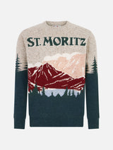 Maglia da uomo girocollo in donegal con stampa jacquard cartolina St. Moritz