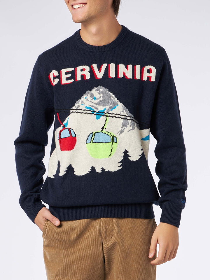 Man crewneck sweater with Cervinia postcard jacquard