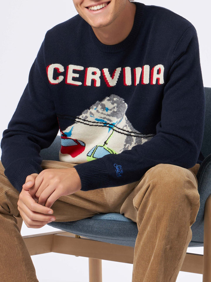 Man crewneck sweater with Cervinia postcard jacquard