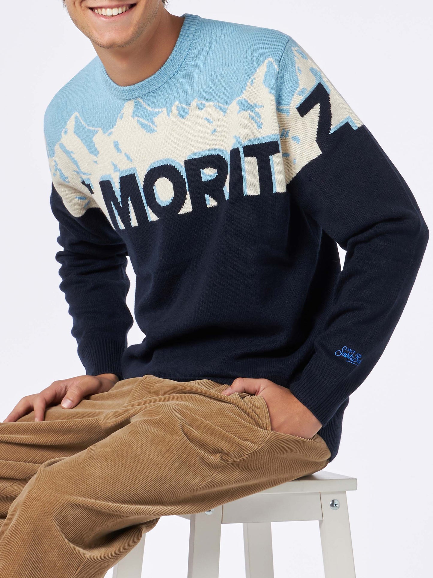 Maglione da uomo girocollo con stampa jacquard cartolina St. Moritz