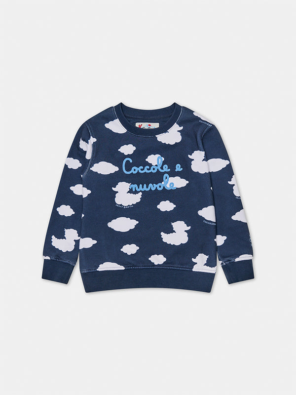 Kid crewneck blue sweatshirt with Coccole e nuvole embroidery | COCCOLEBIMBI SPECIAL EDITION