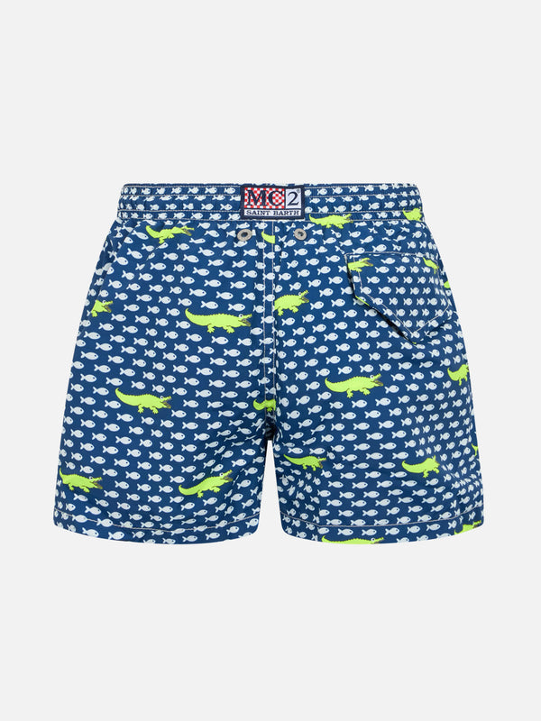 Boy lightweight fabric swim-shorts Jean Lighting with crocodile print