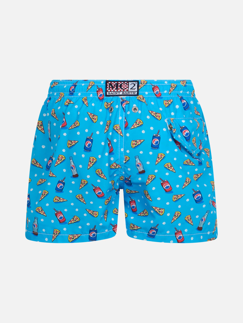 Boy lightweight fabric swim-shorts Jean Lighting with pizza print