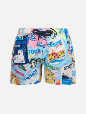 Costume mare Jean Lighting in tessuto leggero con stampa cartoline