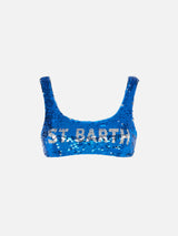 Bralette blu in paillettes con logo argento