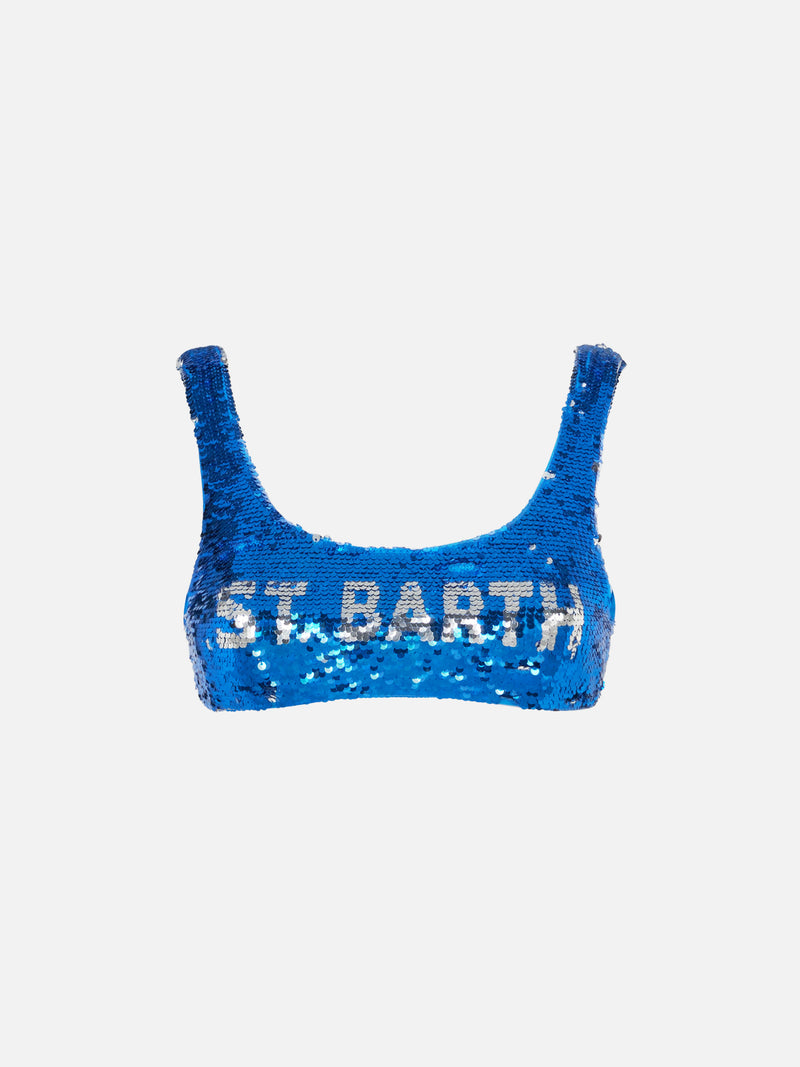 Blue sequined bralette with silver logo