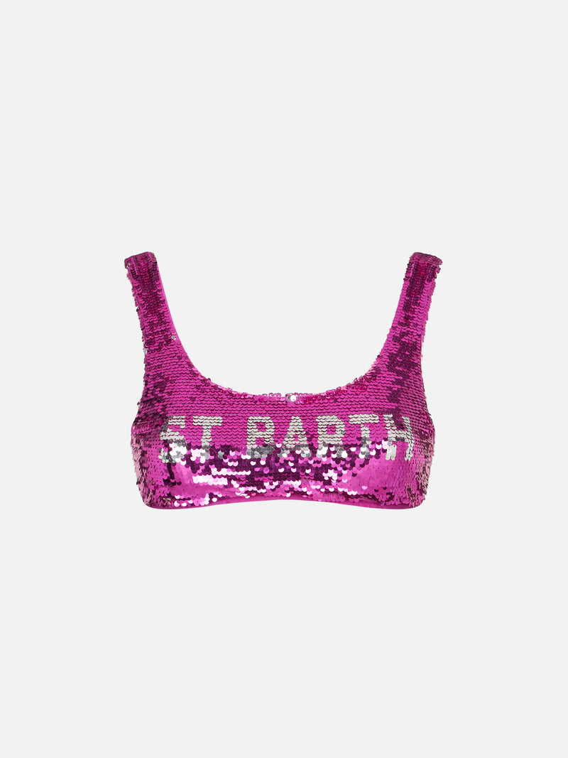 Fuchsiafarbenes Pailletten-Bralette mit silbernem Logo