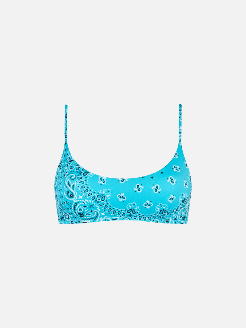 Woman bralette swimsuit with light blue bandanna print