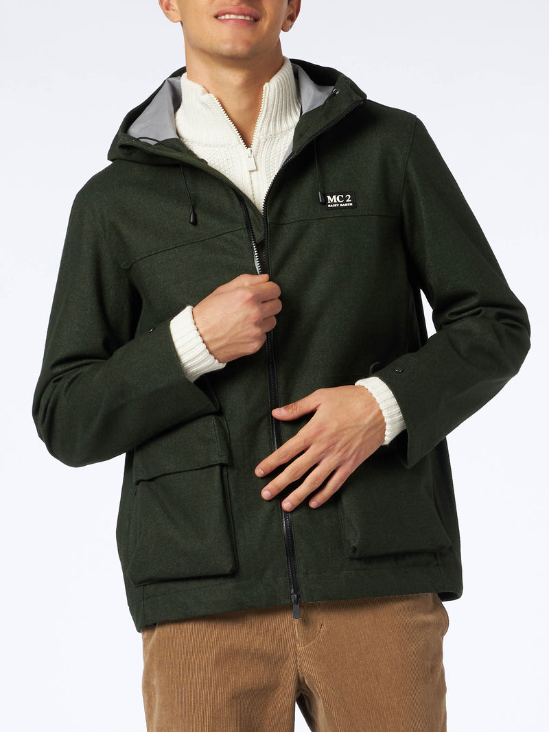 Man hooded green windbreaker jacket