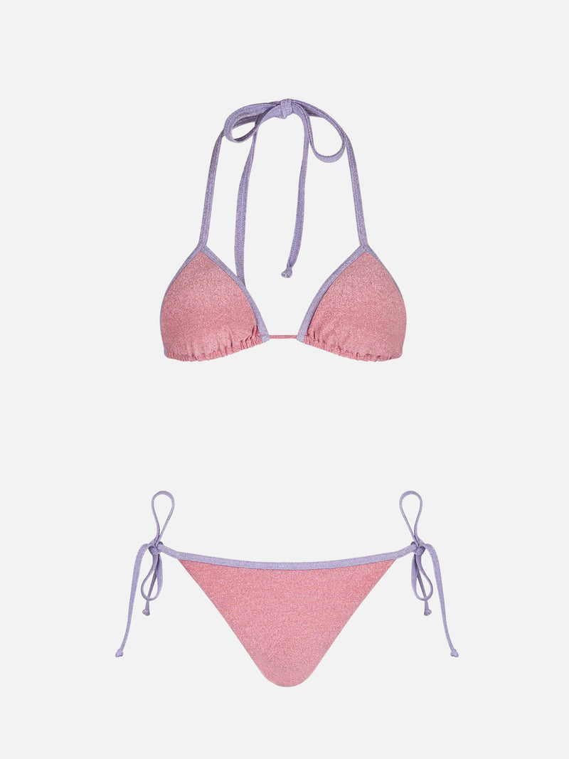 Bikini da donna a triangolo rosa Leah Marielle in lurex con bordino