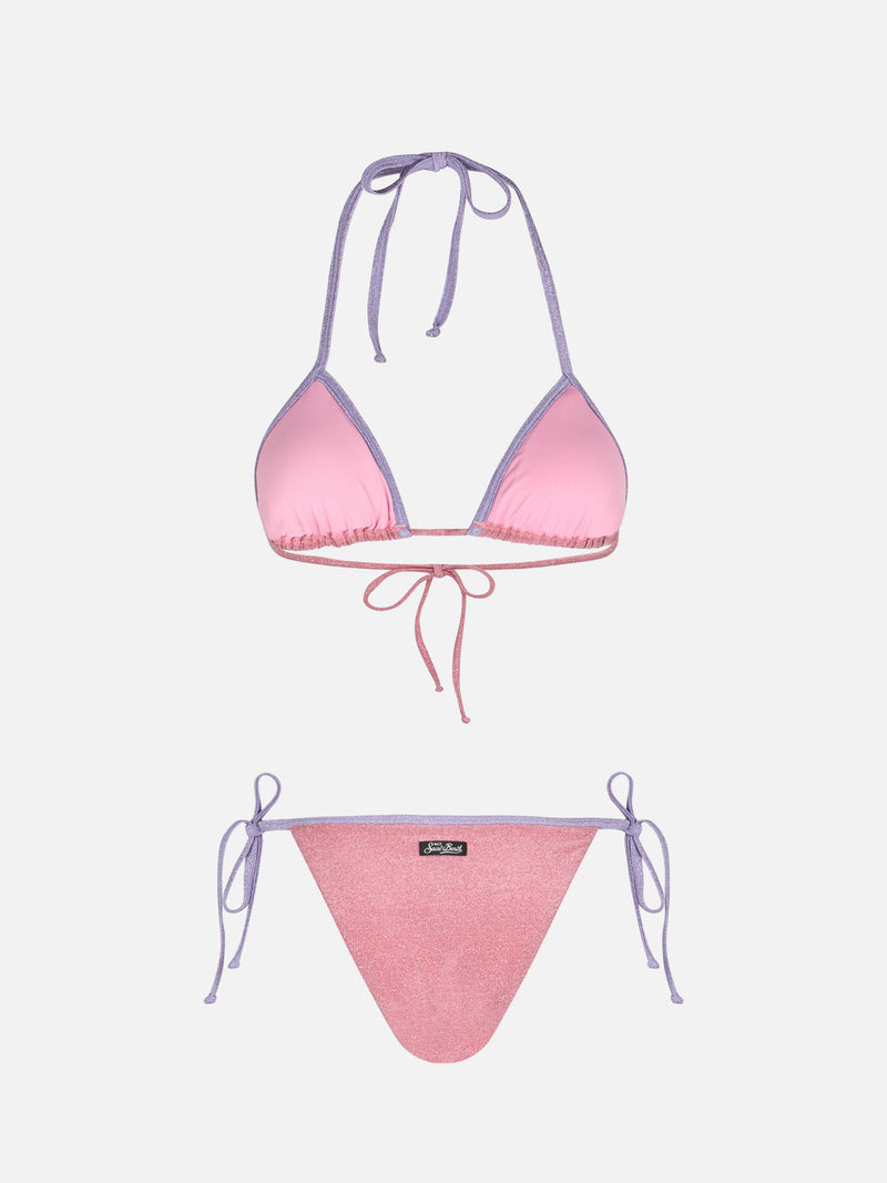 Woman pink lurex triangle bikini Leah Marielle with piping