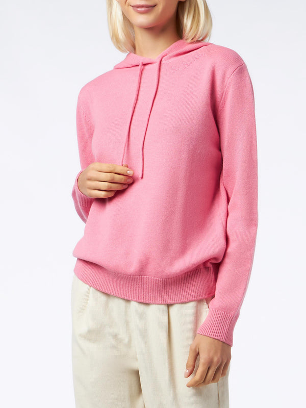 Felpa con cappuccio da donna in maglia fucsia con ricamo St. Barth