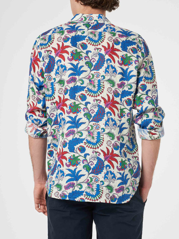 Man navy blue linen shirt Pamplona with flower print