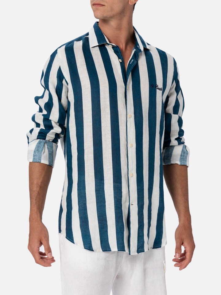 Marineblau gestreiftes Leinenhemd für Herren Pamplona