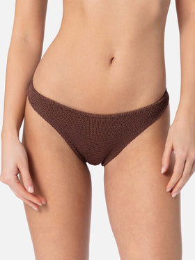 Damen-Swim-Slip Naomi in Braun mit Crinkle-Struktur und cheeky Schnitt 
