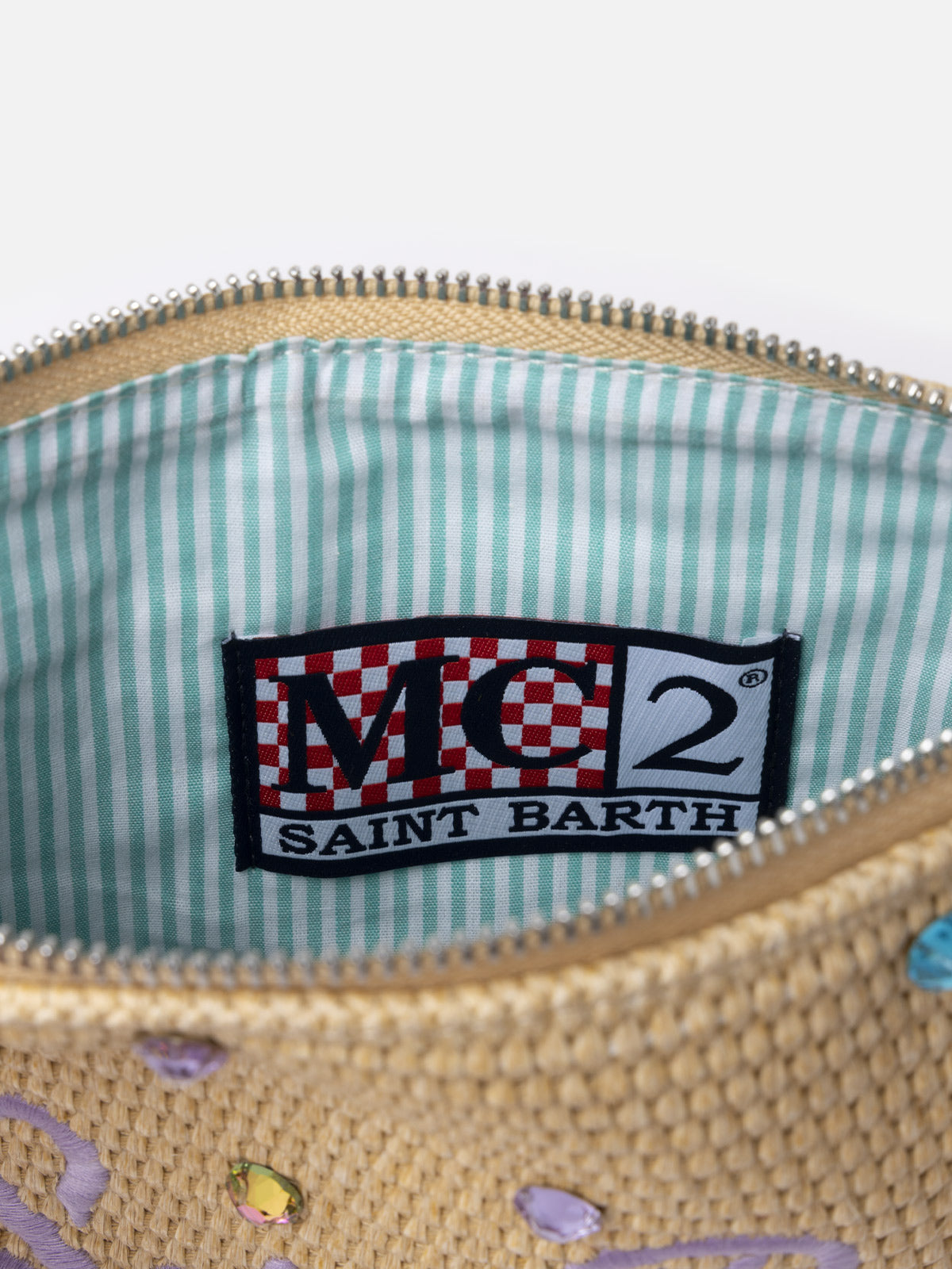 Pouch Parisienne in paglia con decorazione in strass