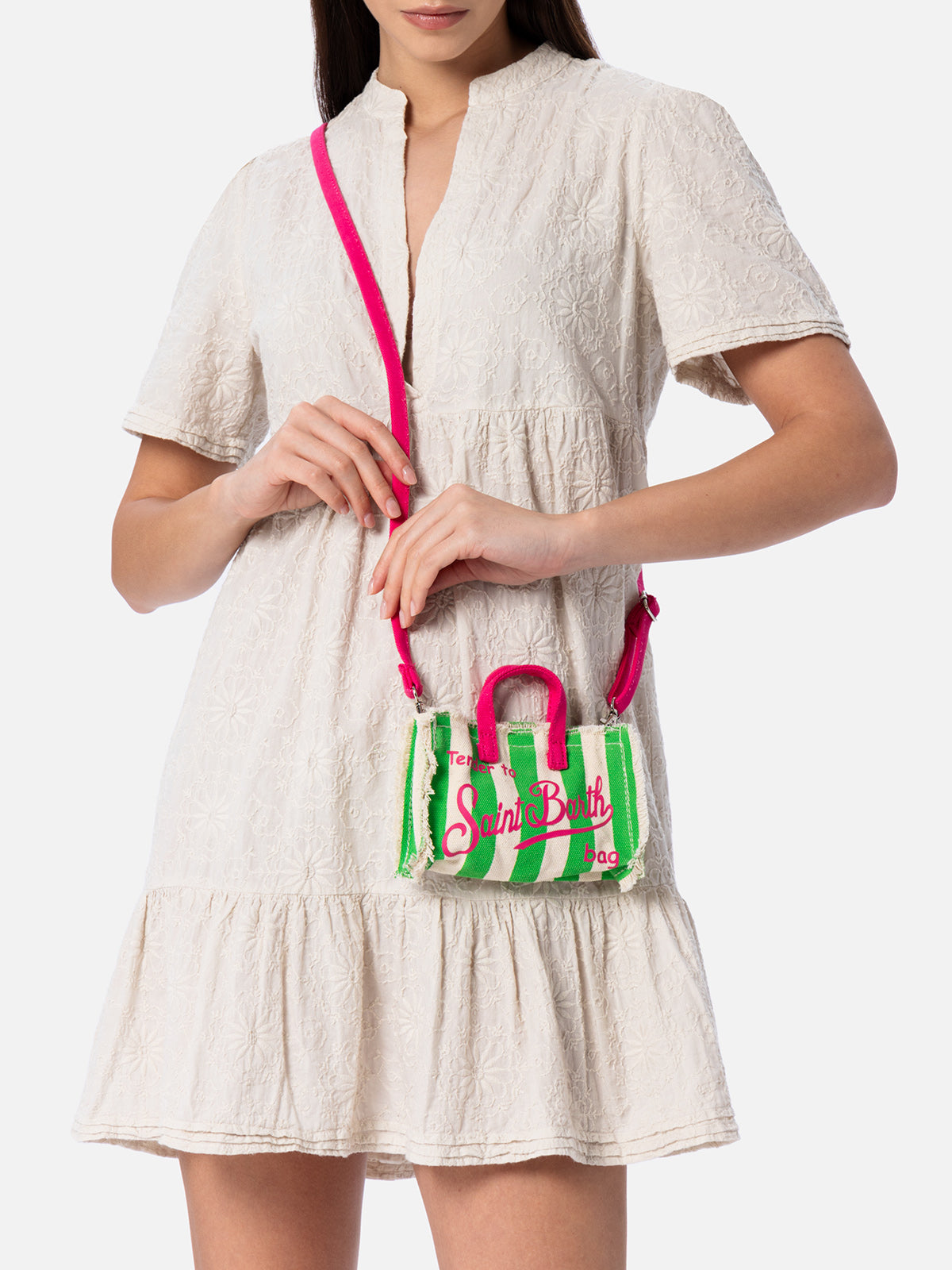 Grün gestreifte Handytasche aus Baumwollcanvas