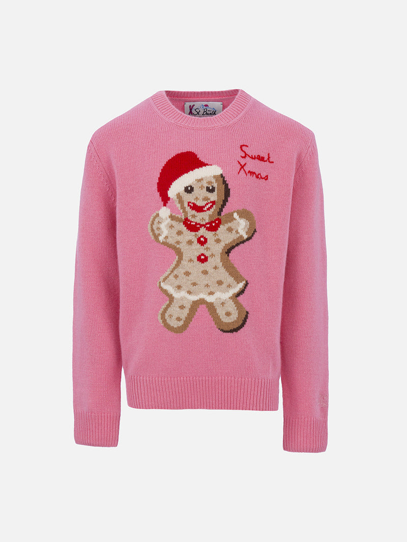 Girl crewneck pink sweater with ginger bread print