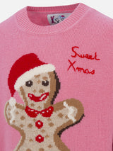 Girl crewneck pink sweater with ginger bread print