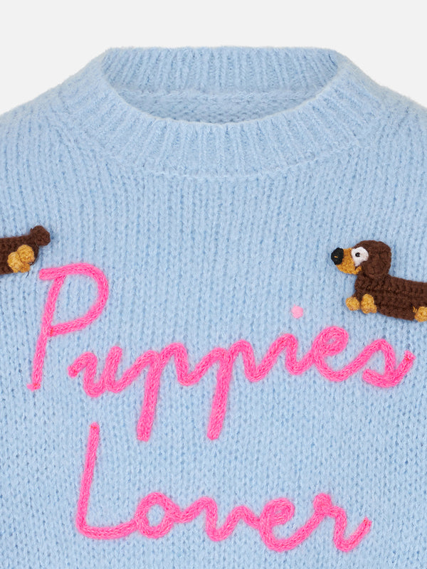 Girl crewneck soft sweater with dogs crochet patch and Puppies Lover embroidery