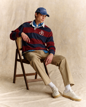 Navy blue and burgundy striped Quarterback cotton rugby polo with SB Legacy monogram