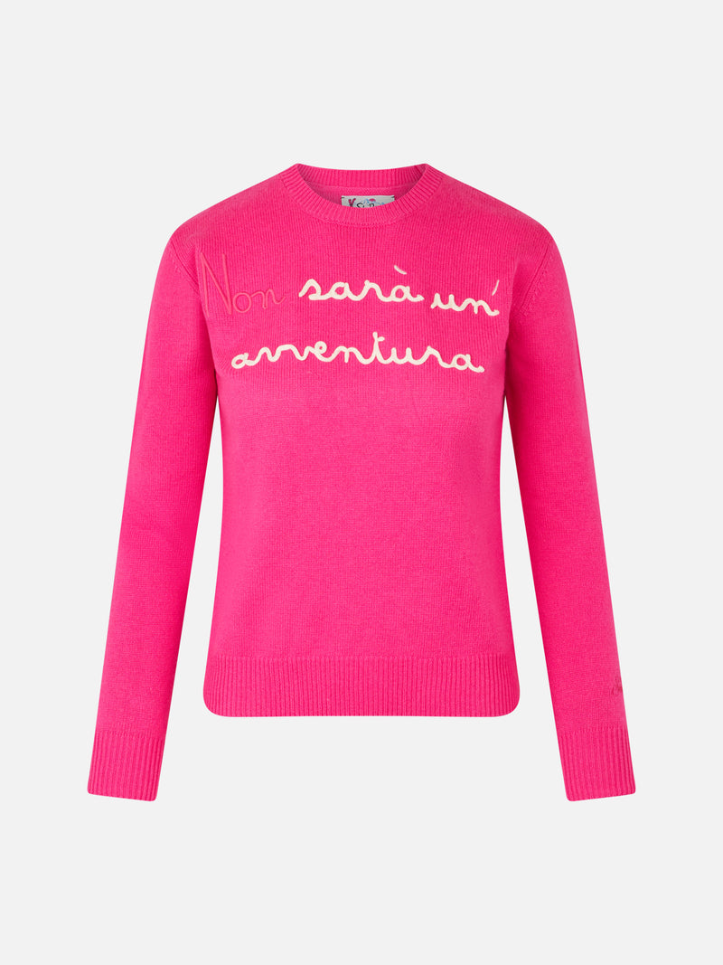 Woman crewneck fluo pink sweater with Non Sarà un'Avventura embroidery | NIKI DJ SPECIAL EDITION