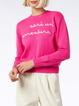 Woman crewneck fluo pink sweater with Non Sarà un'Avventura embroidery | NIKI DJ SPECIAL EDITION