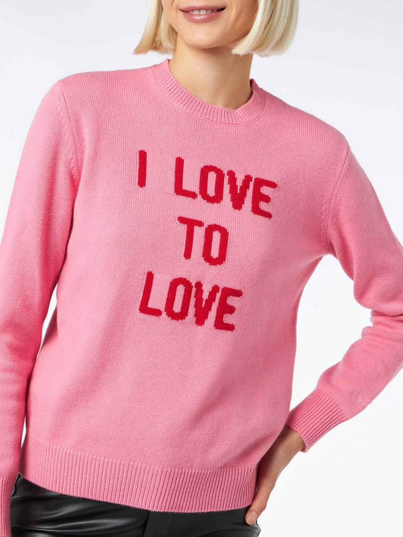 Damen-Rundhalspullover in Rosa mit Aufdruck „I love to Love“ | NIKI DJ SONDEREDITION