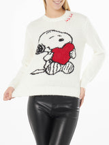 Schwarzer Damenpullover mit Rundhalsausschnitt, Snoopy- und Woodstock-Aufdruck und Strass-Herz | SNOOPY PEANUTS™ SONDEREDITION